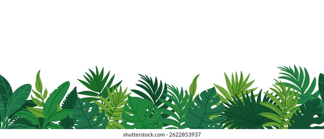 Jungle border. Tropical leaves banner. Exotic leaf. Nature green plants background. Cartoon botanical foliage, summer greenery bushes, floral tropic palm elements. Vector illustration.