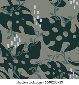 Jungle botanical seamless pattern with monstera leaves and vine foliage on the earthy colored camouflage background with strokes. Modern tropical vector repeat design for poster background or fabric.