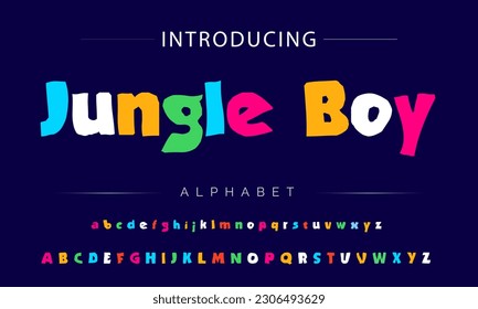 Jungle Boy Funky colorful cartoon font type. Vector alphabet