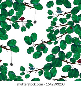 Jungle brumbles endless texture. Cute flat hand drawn wild life seamless pattern. wallpaper with leaves, twigs, bugs. Cartoon.
