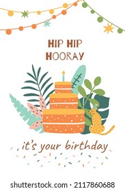 Jungle cake. Tropical birthday cake with candle, leopard, wild tropical leaves. Hand drawn jungle party graphic element. Safari vector illustration invitation. Jungle birthday poster. Hip hip hooray.