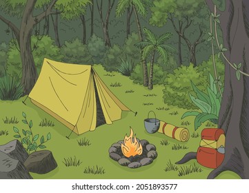 Jungle camping rain forest graphic color landscape sketch illustration vector