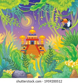 Jungle cartoon background with the lost temple and cute toucan at the night. Vector colorful illustration. For print, design, posters, cards, stickers, puzzle, decor, t-shirt, kids apparel and game