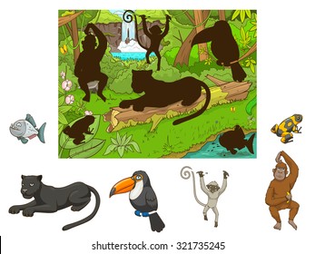 Jungle cartoon educational game find animal vector illustration