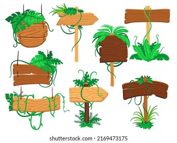 Jungle Cartoon Elements. Tropical Exotic Plants And Wood Sign Traffic. Forest Game Pointer, Decorative Signpost With Liana. Isolated Gaming Neat Vector Set