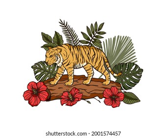 Jungle cartoon tropical bengal tiger animal printable art. Palm exotic wildlife cat illustration with red flower. Chinese new year 2022.