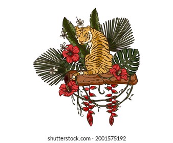 Jungle cartoon tropical Bengal tiger animal printable art. Palm exotic sitting wildlife cat illustration with red flower. Chinese new year 2022.