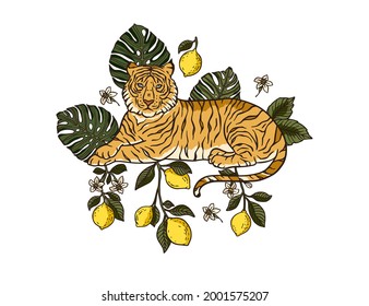 Jungle cartoon tropical bengal tiger animal printable art. Palm exotic wildlife cat illustration. Chinese new year 2022.