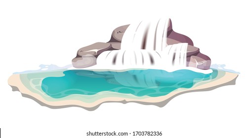 Jungle cartoon vector illustration. Clear waterfall. Clean water flowing between rock. Rainforest environment, turquoise oasis. Aquatic pond flat color object. Lake isolated on white background