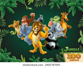 jungle cartoon zoo animals illustration set