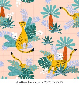 Modelo de los gatos de la selva, impresión inconsútil del Vector con los leopardos para la moda de los niños y la decoración casera. Impresión linda de la historieta con las palmas y el follaje de la selva en colores brillantes sobre fondo rosado