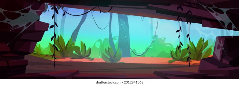 Jungle cave with cobweb on walls. Vector cartoon illustration of old rocky cavern interior with view of trees, lianas, green plants in rainforest. Tropical summer landscape, adventure game background