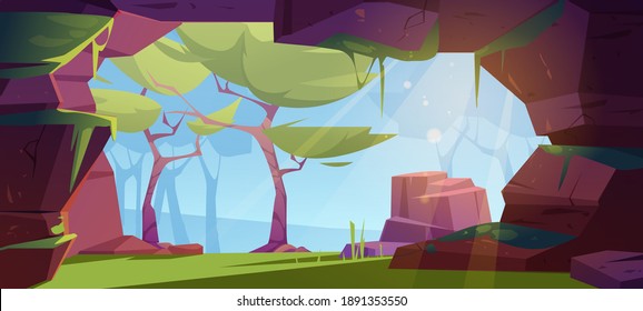 Jungle cave entrance, hole in rock with green trees, grass, moss and blue sky view. Grotto, hidden underground tunnel or cavern, summer nature landscape, hollow background Cartoon vector illustration