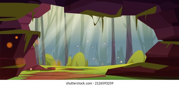 Jungle cave entrance, hole in rock with green trees, grass, moss and hanging lianas view from inside. Cartoon background with hidden underground tunnel or cavern, nature landscape, Vector illustration