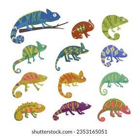 jungle chameleons set. snakes animals, different colored desert lizard reptiles. vector cartoon flat illustrations.