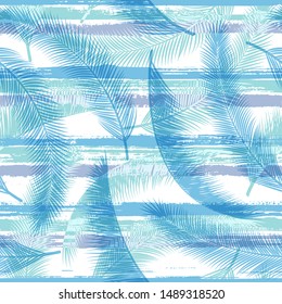 Jungle coconut palm leaves tree branches over painted stripes seamless pattern design. Bali exotic foliage swimwear textile print. Tropical leaves silhouettes wallpaper.