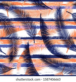 Jungle coconut palm leaves tree branches overlaying stripes vector seamless pattern. Caribbean jungle foliage clothing fabric print. Geometric floral tropical leaves seamless.