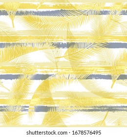 Jungle coconut palm leaves tree branches overlaying stripes vector seamless pattern. South african exotic foliage beach fashion fabric print. Stripes and tropical leaves illustration.