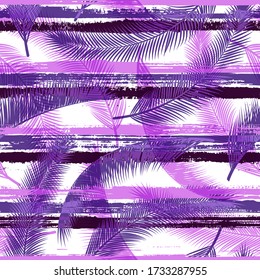 Jungle coconut palm leaves tree branches over painted stripes seamless pattern design. Bali forest foliage clothing fabric print. Floral tropical leaves seamless design.