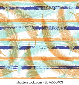 Jungle coconut palm leaves tree branches overlaying stripes vector seamless pattern. Bali forest foliage swimwear textile print. Tropical leaves and stripes seamless.
