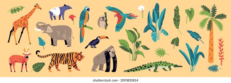 Jungle color set with isolated icons of flora and fauna animal species and exotic rainforest plants vector illustration