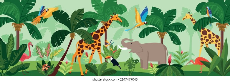 Jungle colored composition zebras elephant flamingos and parrots are in the green jungle vector illustration