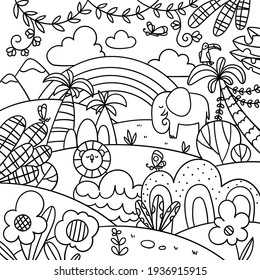 Jungle coloring book for kids. Find and color all the animals and butterflies. training page for children's workbook