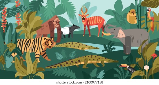 Jungle Composition Of Wild Landscape With Lots Of Flowers Plants And African Animals Beasts And Birds Vector Illustration