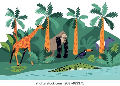 Jungle composition with wild scenery and exotic plants palms with crocodile giraffe and gorilla with toucan vector illustration