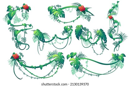 Plantas de jungla, lianas con hojas verdes y flores rojas. Dibujo vectorial conjunto de bordes de las viñas de hiedra escalada, ramas florales colgadas y curas aisladas en fondo blanco