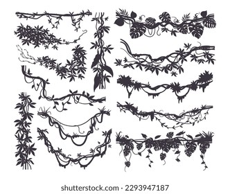 Jungle creeper silhouettes. Tropical forest lianas, rainforest hanging sprouts. Climbing liana vines flat vector illustration set