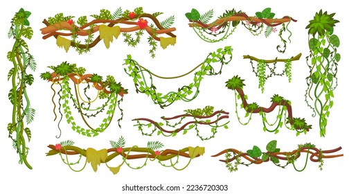 Jungle creepers. Cartoon creeper plant, tree branch hanging vines rainforest thicket, twisted floral liana with green forest climbing vegetation, ingenious vector illustration of tree jungle branch