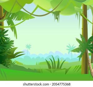 Jungle creepers. Dense thickets. View from the forest. Southern Rural Scenery. Tropical forest panorama. Illustration in cartoon style flat design. Vector