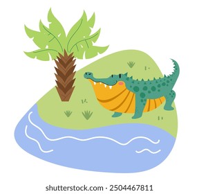 Jungle crocodile near river and palms flat style concept. Vector graphic design illustration element