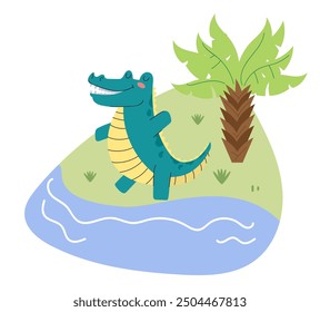 Jungle crocodile near river and palms flat style concept. Vector graphic design illustration element