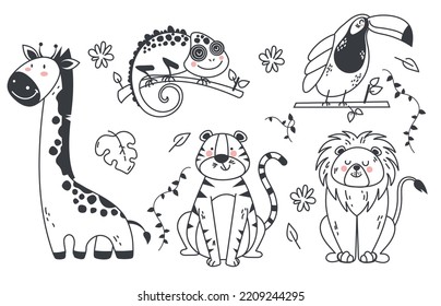 Jungle cute animal line art sketch outline africa isolated design element illustration set
