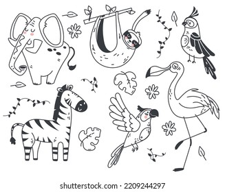 Jungle cute animal line art sketch outline africa isolated design element illustration set
