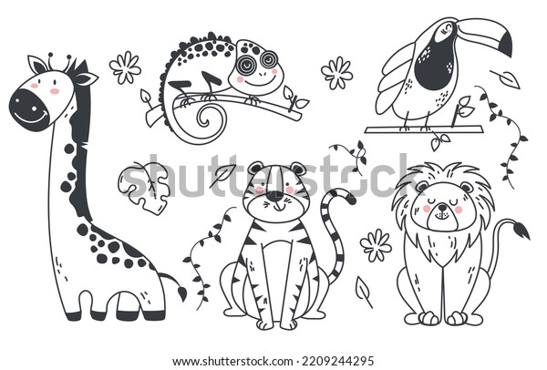 Jungle Cute Animal Line Art Sketch Stock Vector (Royalty Free ...