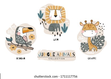 Jungle cute cartoon animal characters collection. Hand drawn illustration. Fabric shirt surface design.