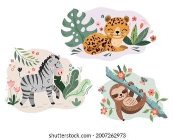 Jungle cute cartoon hand drawn animal characters collection. Sloth, jaguar, zebra. Fabric shirt surface design. Set of flat cartoon vector illustrations isolated on white
