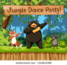 Jungle dance party animal scene illustration