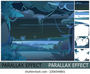 Jungle Dense thickets. View from Tropical Dark night forest panorama. Image from layers for overlay with parallax effect. Southern Rural Scenery. Illustration in cartoon style flat design. Vector