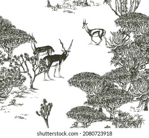 Jungle Desert Seamless Pattern, Toile Wildlife Print, Exotic Plants African Nature Landscape, Silhouette Ink Drawing Antelope Animal Savannah Nature, Tanzania Dessert Trees Engraving
