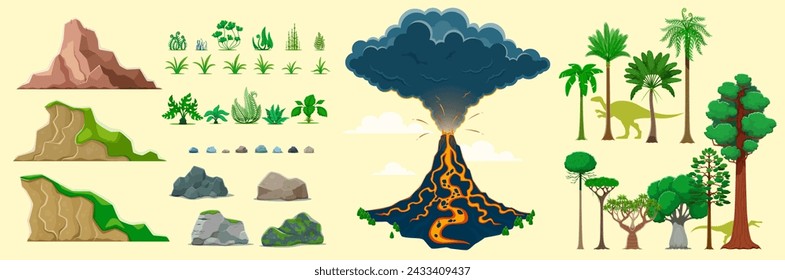 Los activos del juego de la era de la selva y los dinosaurios. Volcán, plantas y árboles, roca, piedras y palmeras son elementos vectoriales del paisaje natural prehistórico jurásico. Interfaz de juego de dinosaurios, activos de interfaz de usuario