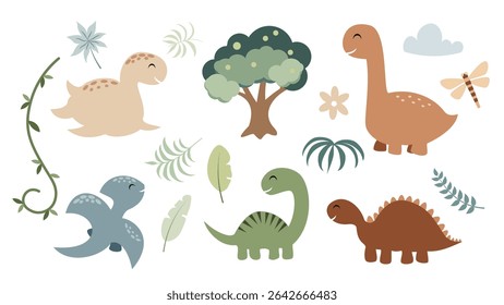 Jungle dinosaurs animals and plants clipart. Tropical clipart. Cute fantasy and safari animal clip art in cartoon flat style. Hand drawn vector illustration.
