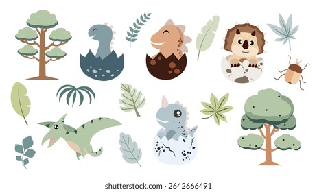 Jungle dinosaurs animals and plants clipart. Tropical clipart. Cute fantasy and safari animal clip art in cartoon flat style. Hand drawn vector illustration.
