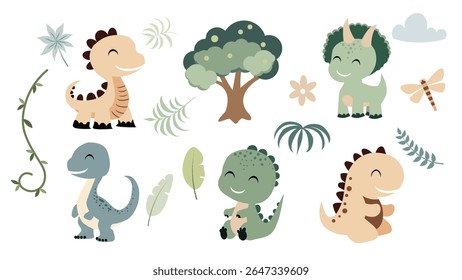 Jungle dinosaurs animals and plants clipart. Tropical clipart. Cute fantasy and safari animal clip art in cartoon flat style. Hand drawn vector illustration.