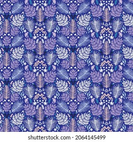 Jungle in ditsy and milfleur styles. Chameleon, frog, toucan, fern and monstera leaves. Silhouettes of rainforest and animals. For printing on T-shirts, shorts, bedding, wrapping paper, packaging