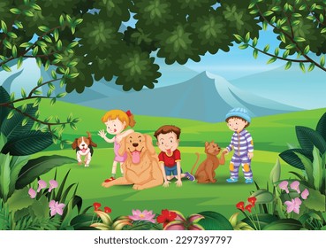 Jungle with Dogs family cartoon character design eps vector