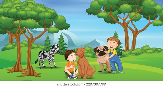 Jungle with Dogs family cartoon character design eps vector